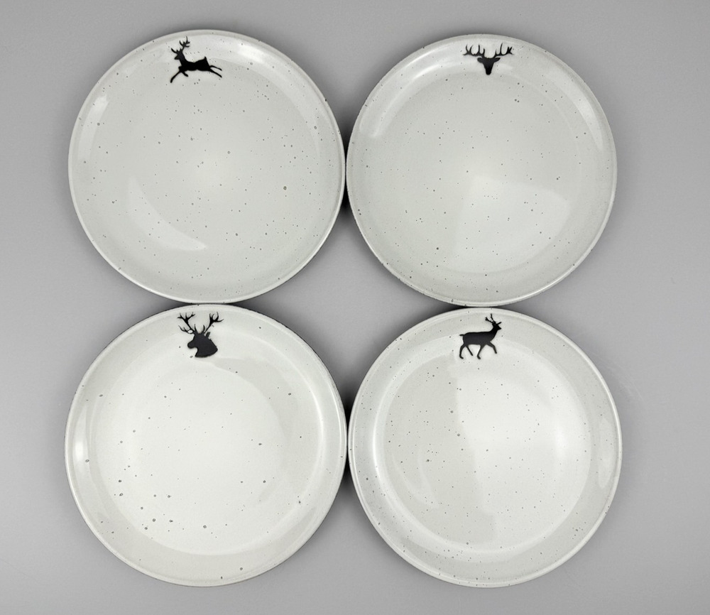 Pottery Barn Rustic Forest STAG Salad Plates SET OF 4 Reindeer Christmas Winter